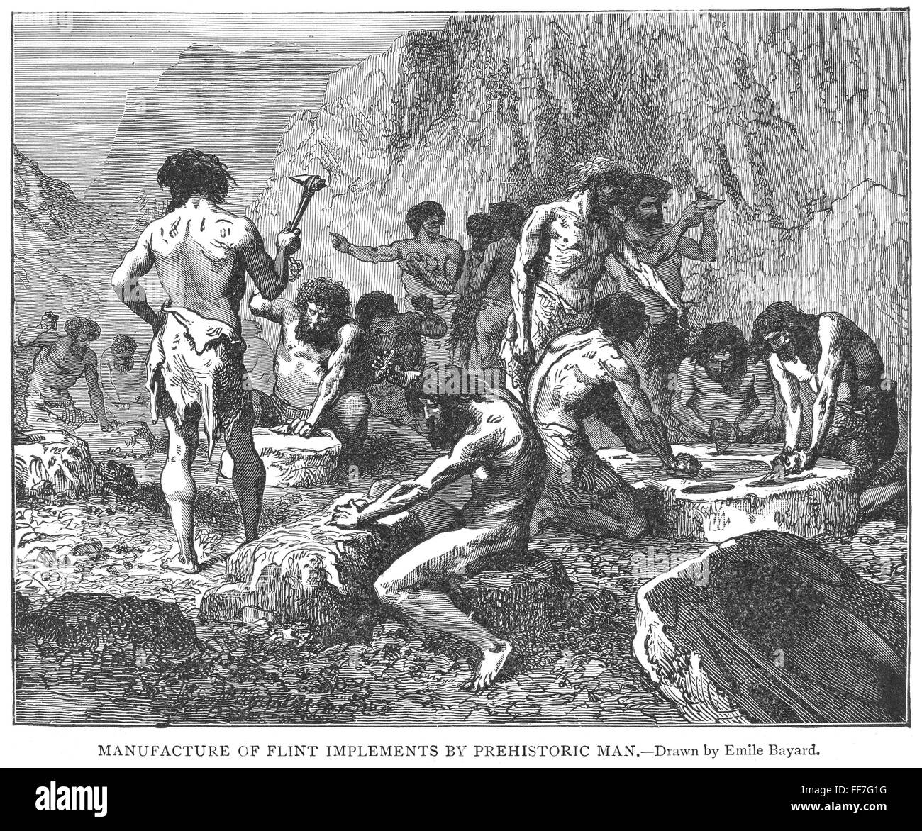 PREHISTORIC MAN: TOOLS. /nPrehistoric men making tools and weapons from flint. Wood engraving, 19th century, after a drawing by Emile Bayard. Stock Photo