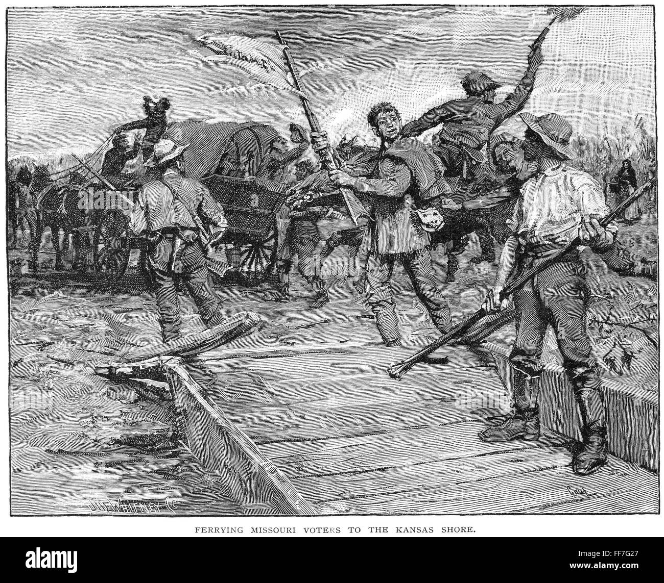 KANSAS BORDER RUFFIANS. /nProslavery Missourians ferrying into Kansas to vote in the new