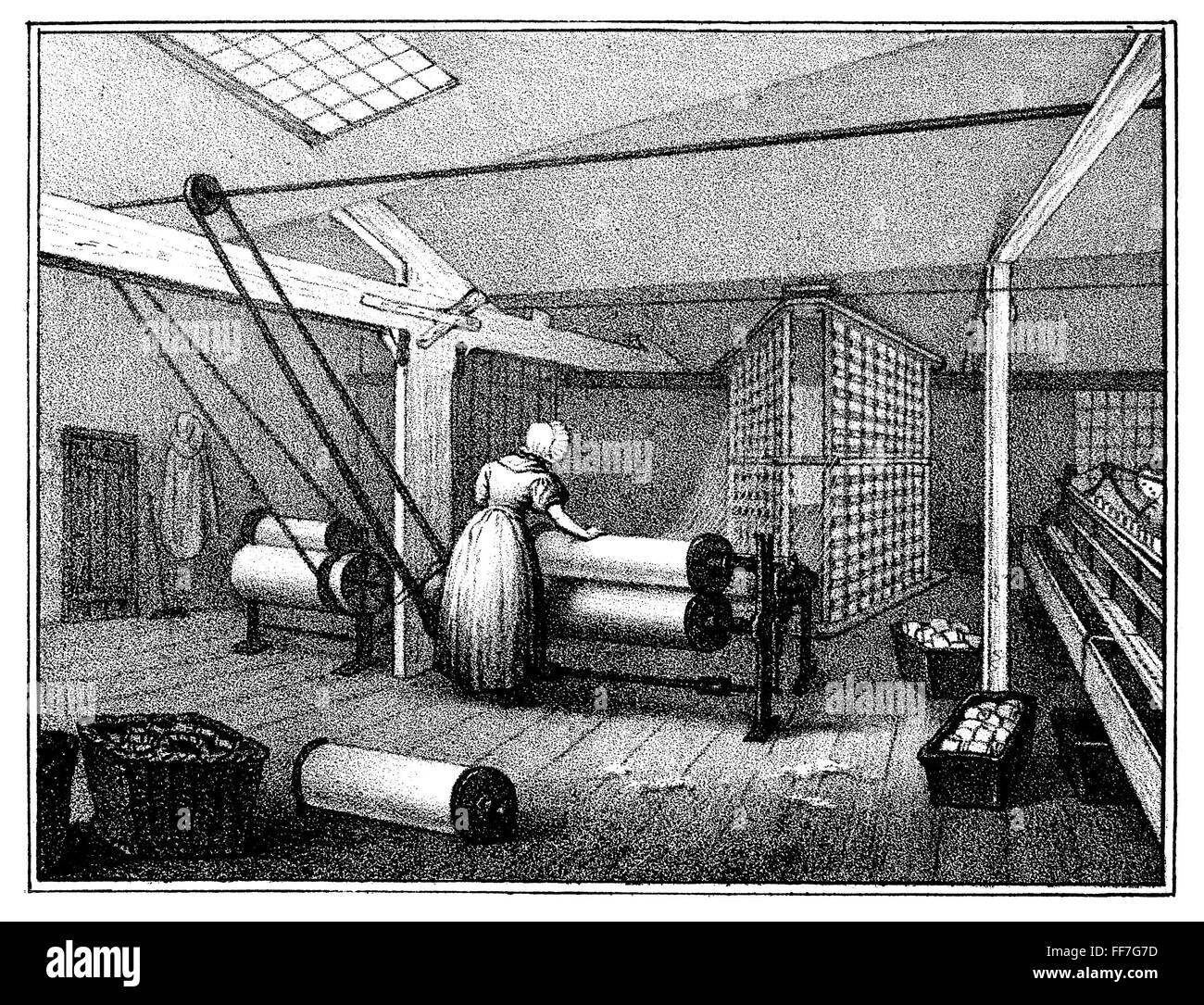 TEXTILE MANUFACTURE, 1840. /nWarping and winding. Interior view of a Manchester cotton manufactures mill. Stock Photo