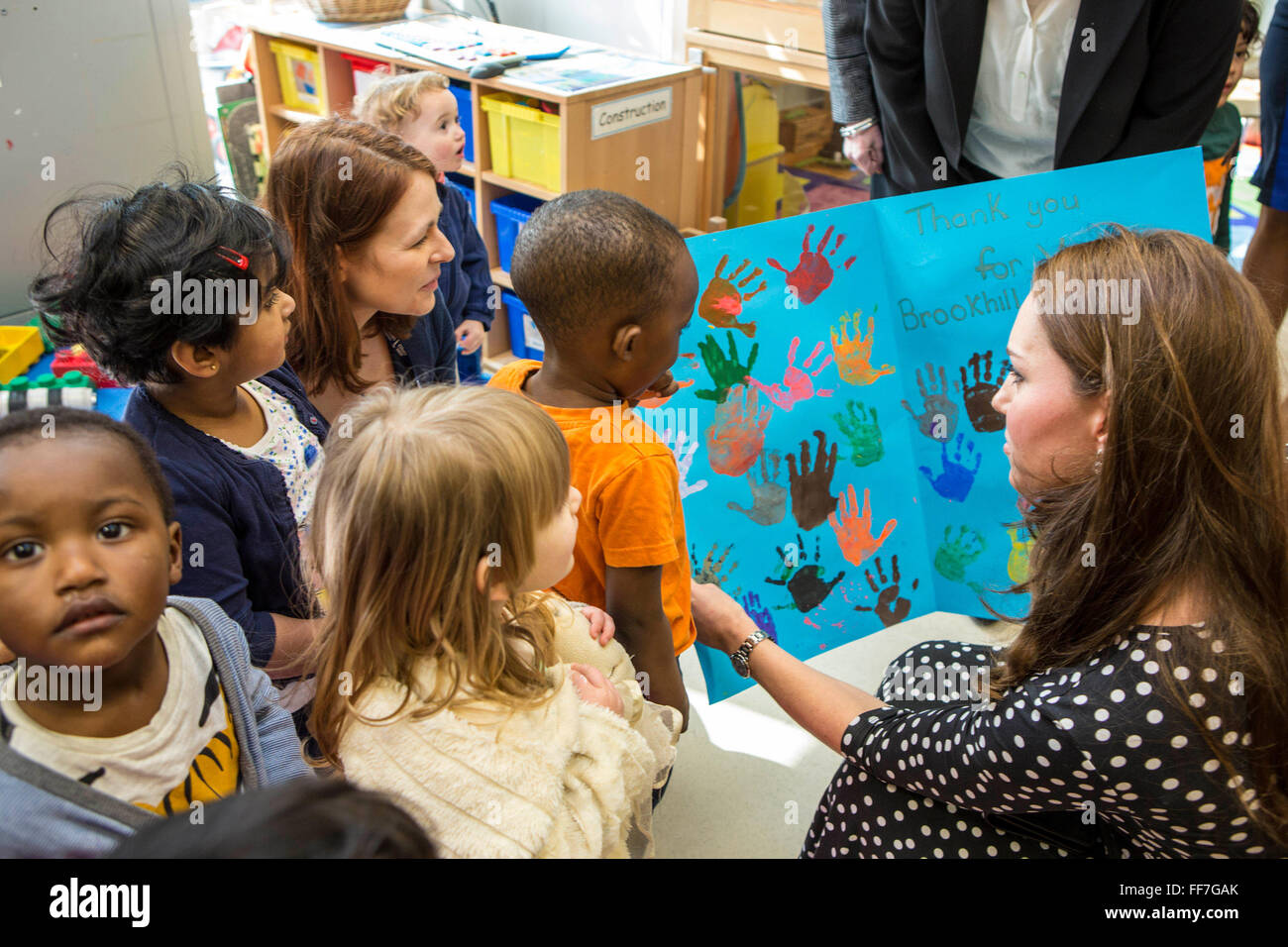 Her Royal Highness The Duchess of Cambridge chatting to parents and staff at Brookhill Children’s Centre.  A Home-Start project that offers support to children and families. London, UK. Stock Photo