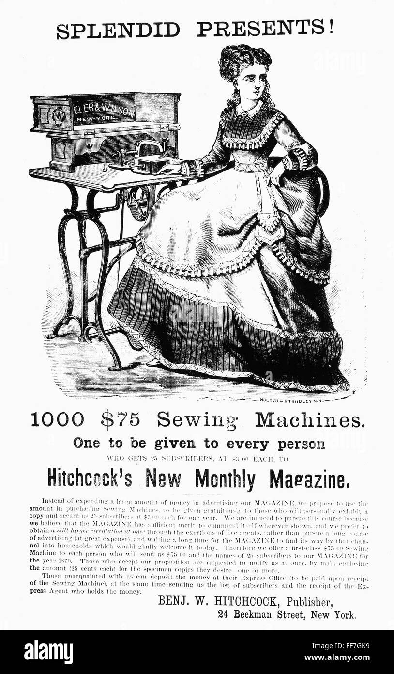 SEWING MACHINE, 1866. /nAmerican newspaper advertisement, 1866 Stock