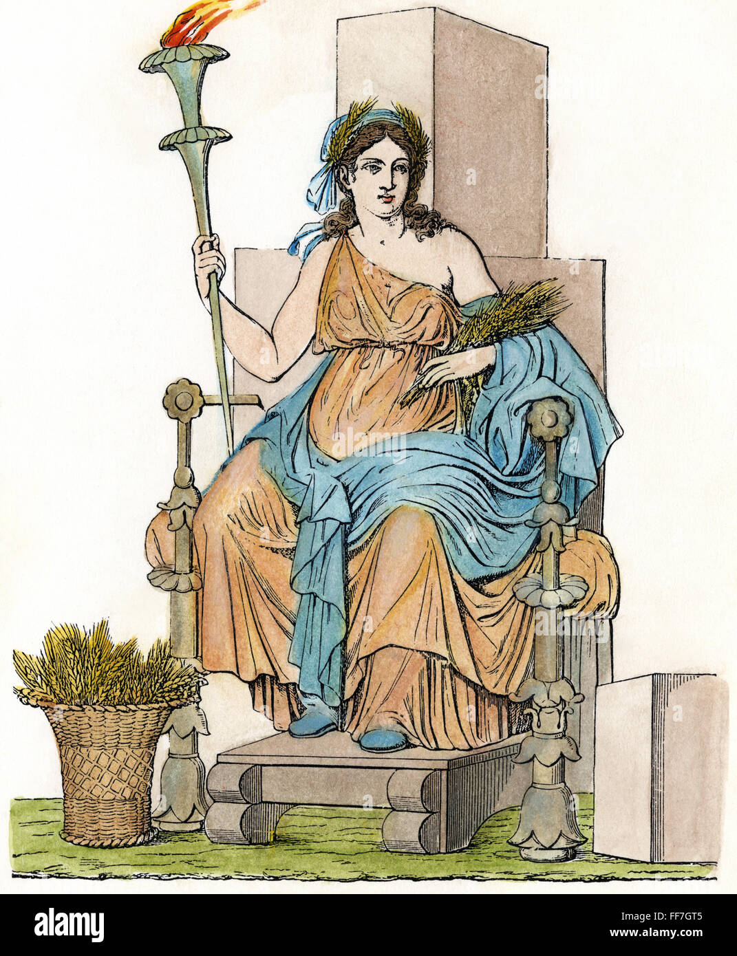 DEMETER/CERES. /nThe Greek goddess (Roman goddess Ceres) of the growth of food plants, enthroned with her attribute of wheat. /nLine engraving after a wall painting in Pompeii, Italy, 19th century. Stock Photo