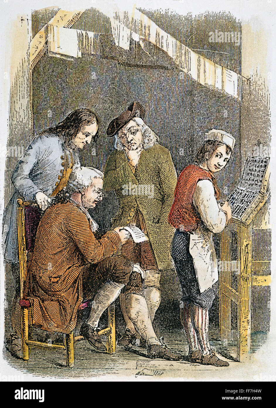 BENJAMIN FRANKLIN /n(1706-1790). American printer, publisher, scientist, inventor, statesman and diplomat. Franklin, far right, as an apprentice in his brother James' printing shop in Boston: colored engraving, 19th century. Stock Photo
