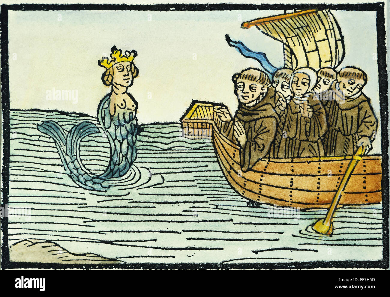 ST. BRENDAN: SIREN. /nSt. Brendan (484-577) and his monks encounter a siren of the seas: colored woodcut from a German version of Navigato, printed at Ulm in 1499. Stock Photo