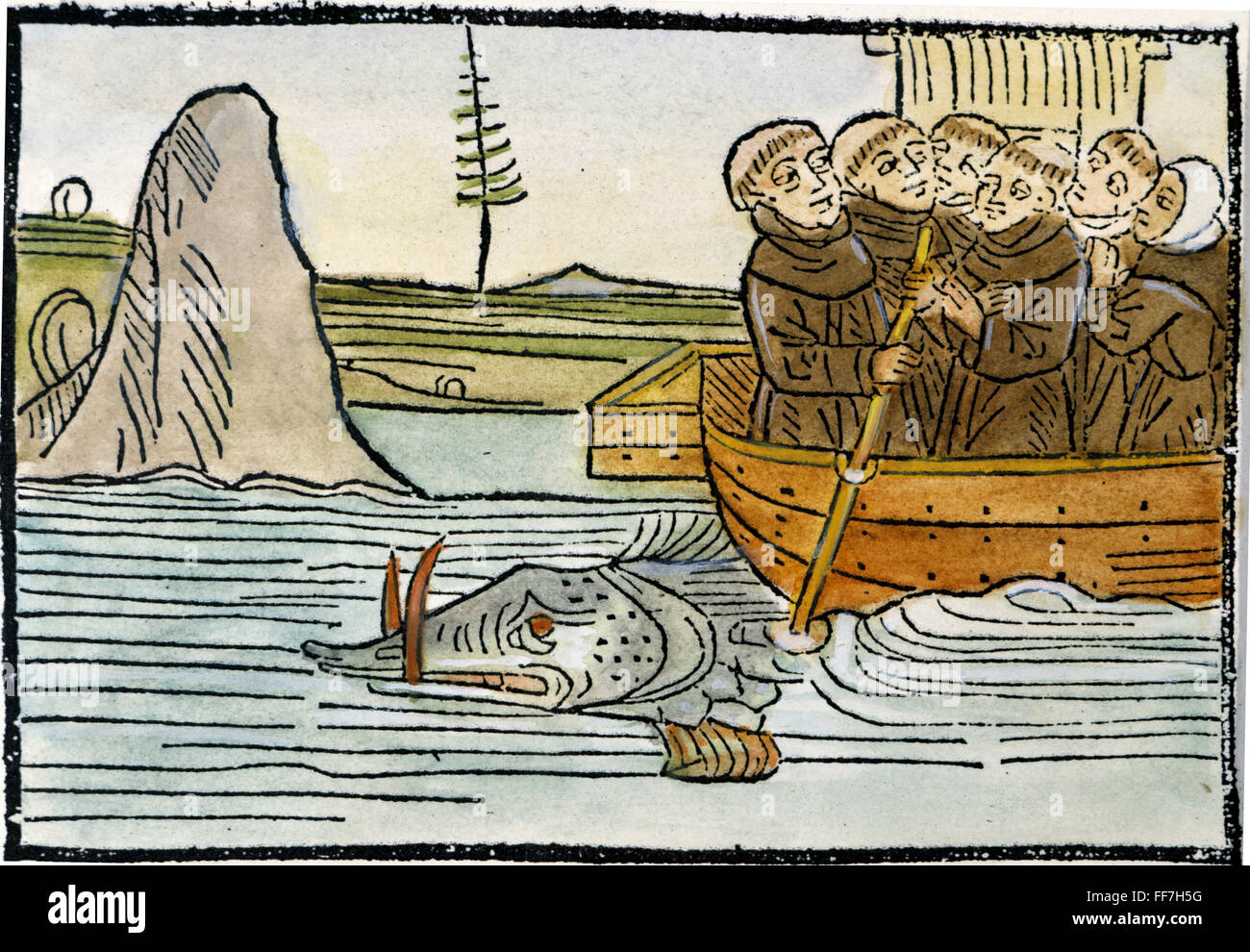 ST. BRENDAN (484-577). /nIrish monk and traveler. St. Brendan and his monks are attacked by a sea monster. Woodcut from a German version of 'Navigatio,' 1499. Stock Photo