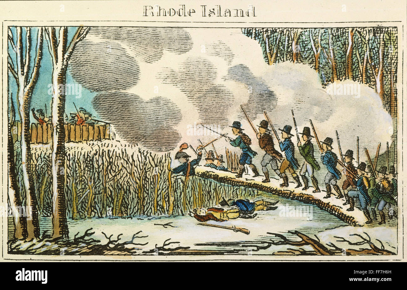 GREAT SWAMP FIGHT, 1675. /nThe Great Swamp Fight near South Kingston, Rhode Island, on 19 December 1675 during King Philip's War. Color engraving, 1827. Stock Photo
