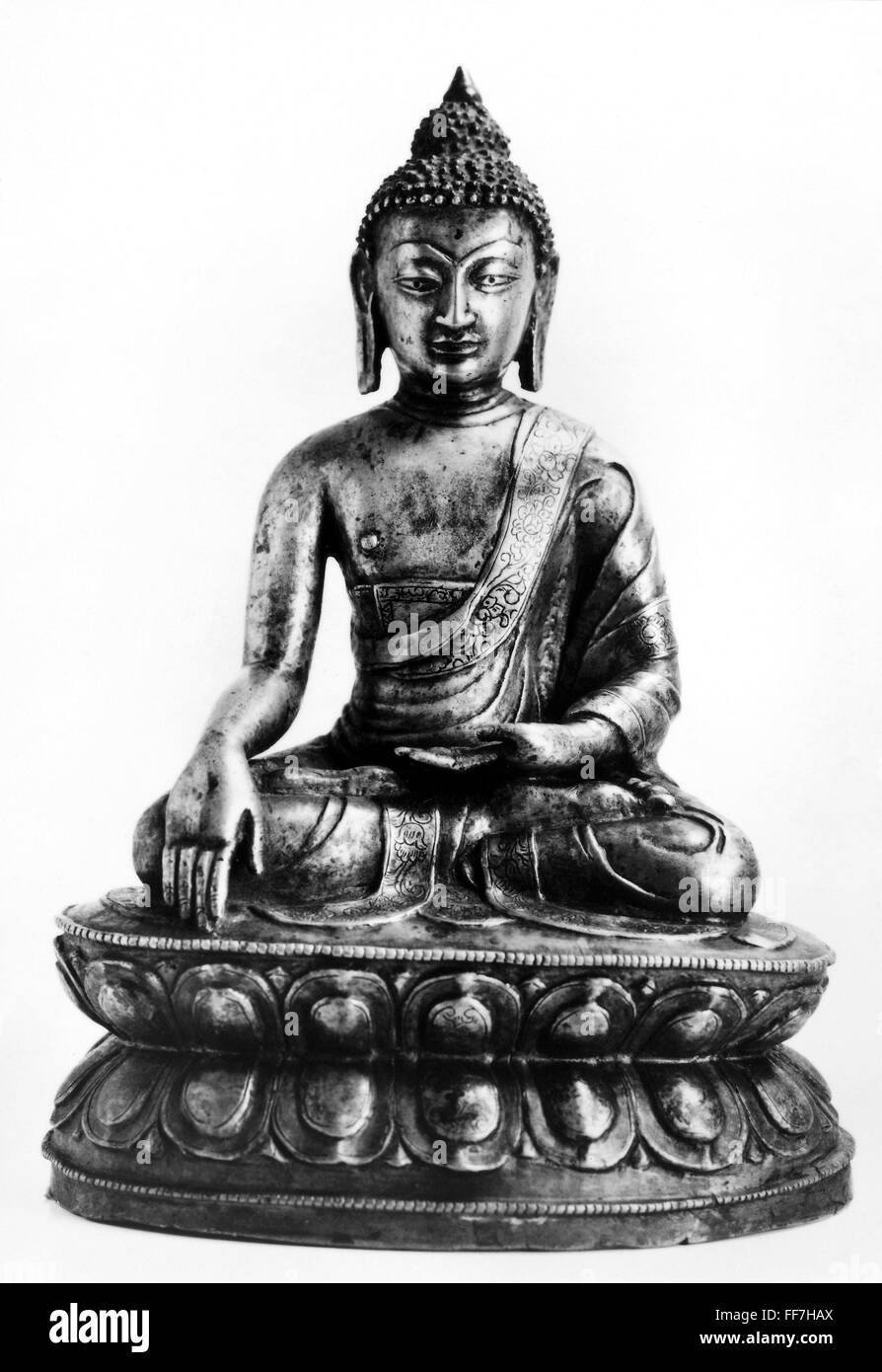 TIBETAN BUDDHA. /nBronze, painted and engraved, the eyes inlaid with
