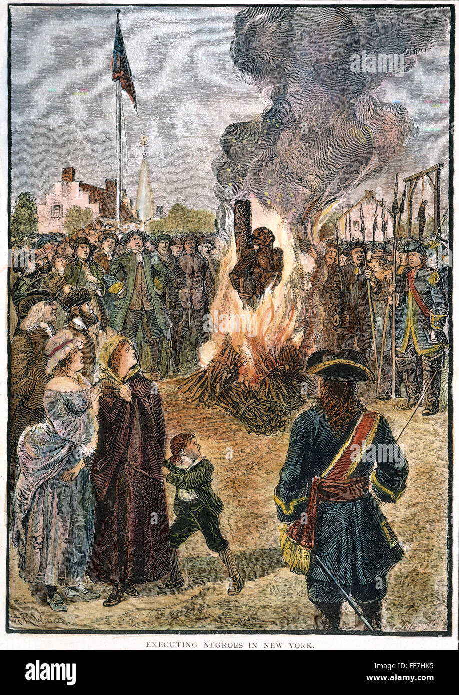 SLAVE EXECUTION, 1741. /nThe execution of slaves in New York City in 1741 following rumors of a slave conspiracy. Wood engraving, 19th century, ...