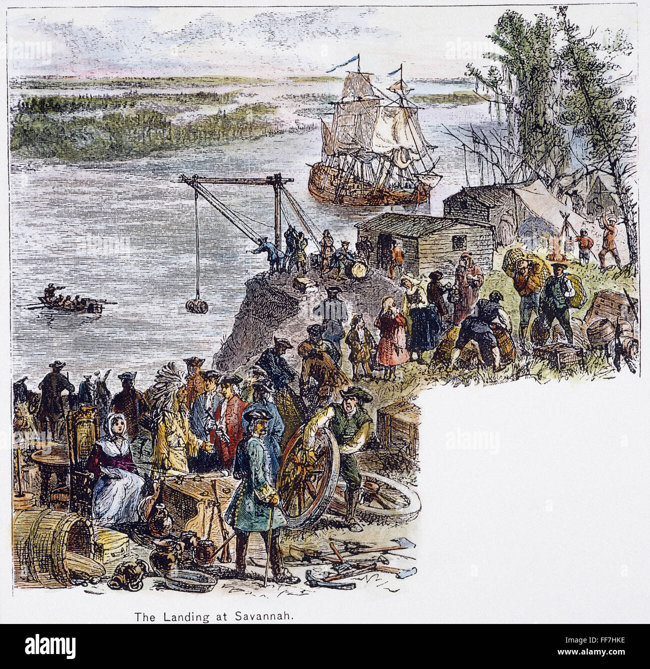 FOUNDING OF SAVANNAH, 1733. /nThe founding of Savannah, Georgia by James Oglethorpe and 130 colonists on 13 January 1733. Wood engraving, 19th century.