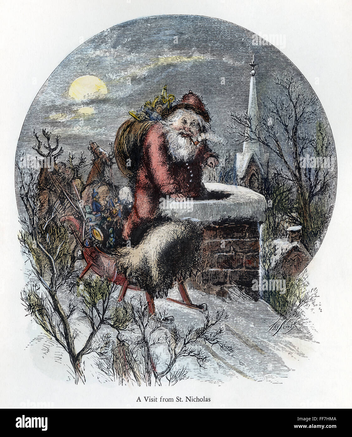 NAST: SANTA CLAUS. /nA Visit from St. Nicholas. Wood engraving after Thomas Nast, his first published Santa Claus picture, used to illustrate an edition of Christmas poems, 1863-64. Stock Photo