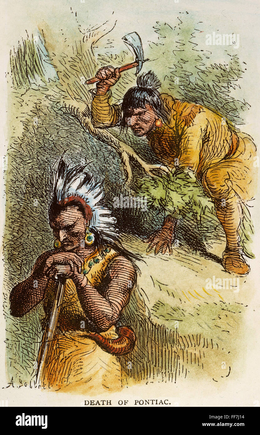 CHIEF PONTIAC (d.1769). /nNative American Ottawa Chief. The death of Pontiac in 1769. Colored engraving, 19th century. Stock Photo