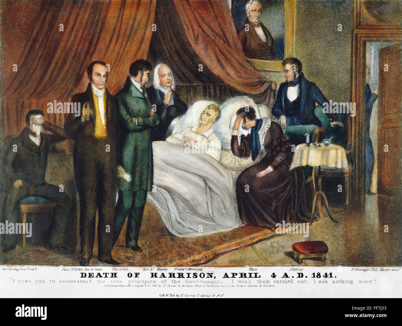 W. H. HARRISON: DEATHBED. /nThe death of President William Henry Harrison at the White House, Washington D.C., on 4 April 1841: contemporary lithograph by Nathaniel Currier. Stock Photo