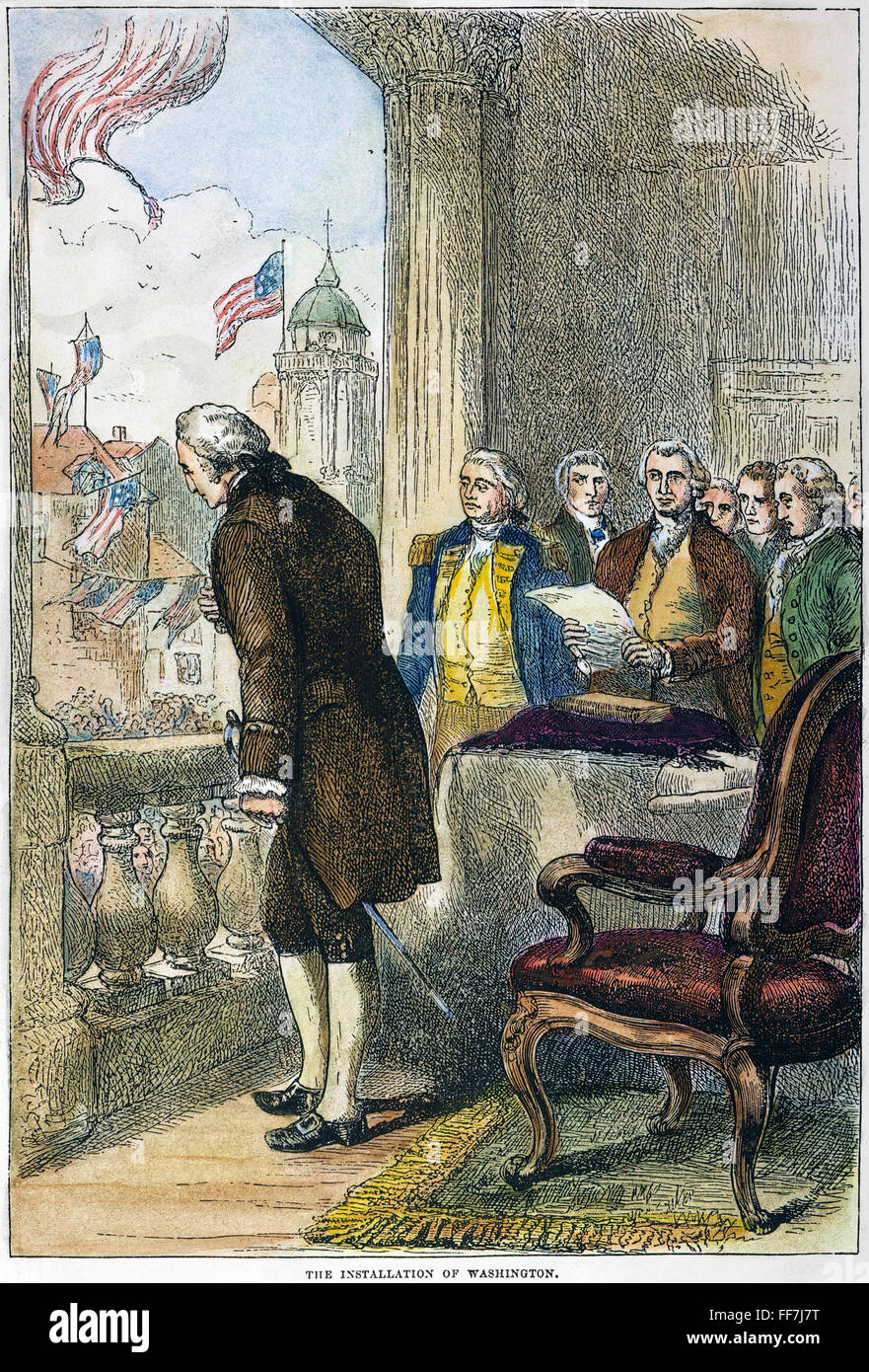 WASHINGTON: INAUGURATION. /nGeorge Washington bowing to the crowd outside Federal Hall in New York City after being sworn in as the first president of the United States, 30 April 1789. Wood engraving, 19th century. Stock Photo