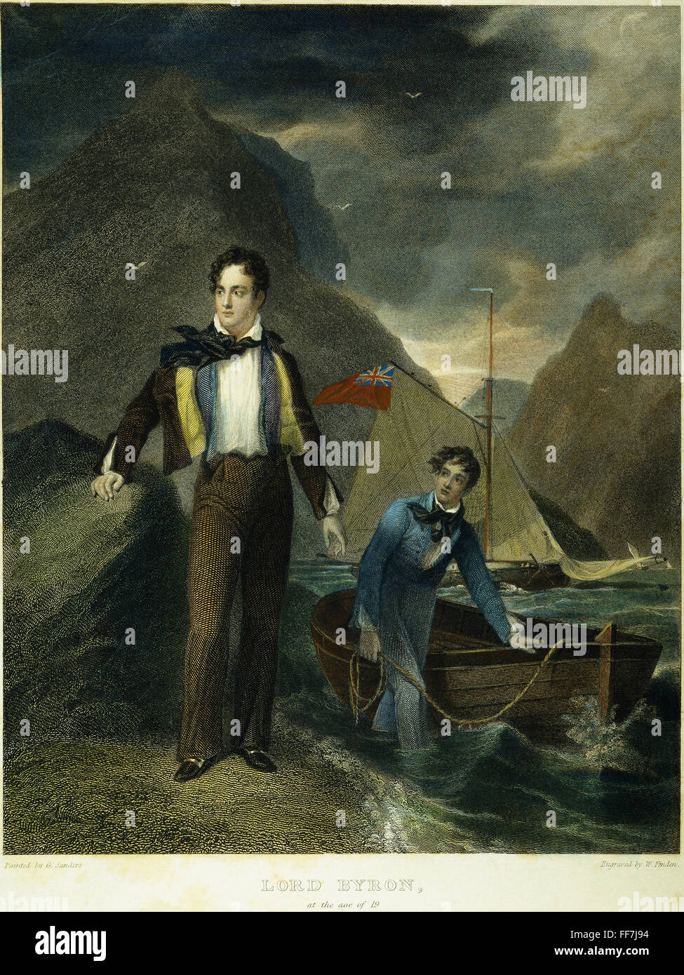 LORD BYRON /nat the age of 19. Steel engraving, English, 1830, after a painting by George Sanders. Stock Photo