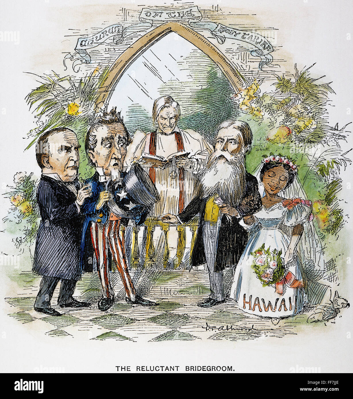 HAWAIIAN ANNEXATION, 1897. /n'The Reluctant Bridegroom.' An 1897 American cartoon on the growing annexation movement. Secretary of State John Sherman officiates, President William McKinley is Uncle Sam's Best Man, and the President of the Republic of Hawa Stock Photo