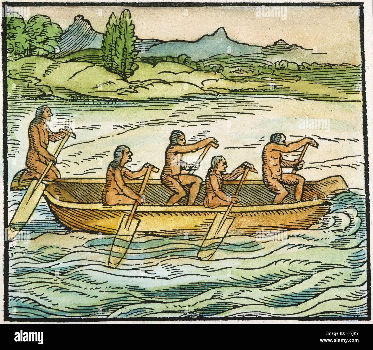 DUGOUT CANOE, 1563. /nNative Indians of the New World paddling a dugout canoe. Color woodcut from Girolamo Benzoni's 'Historia del Mondo Nuovo,' 1563. Stock Photo