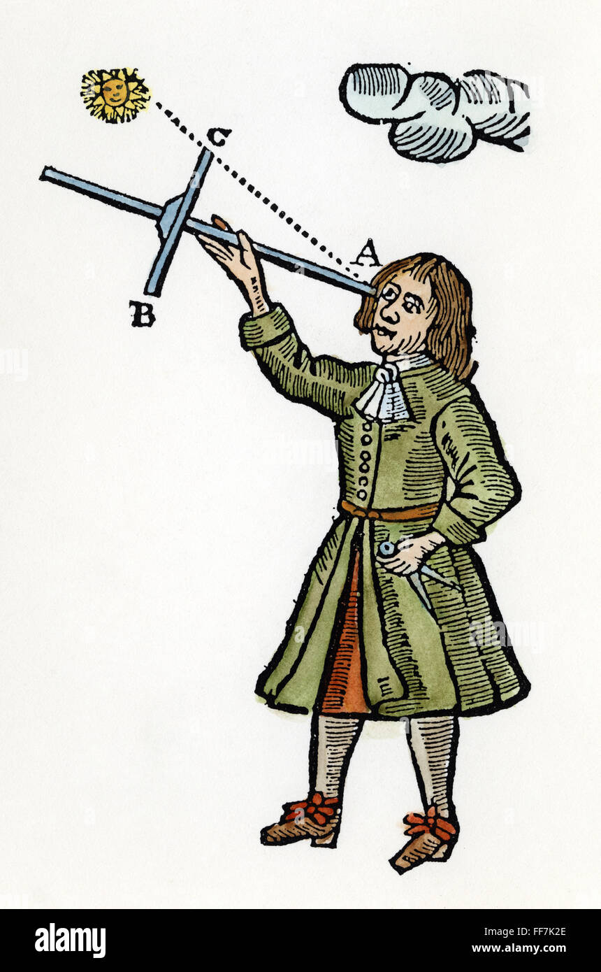 CROSS-STAFF, 1669. /nA mariner sighting on the sun with a cross-staff, the navigational improvement over the astrolabe introduced in the early 16th century: woodcut, 1669. Stock Photo