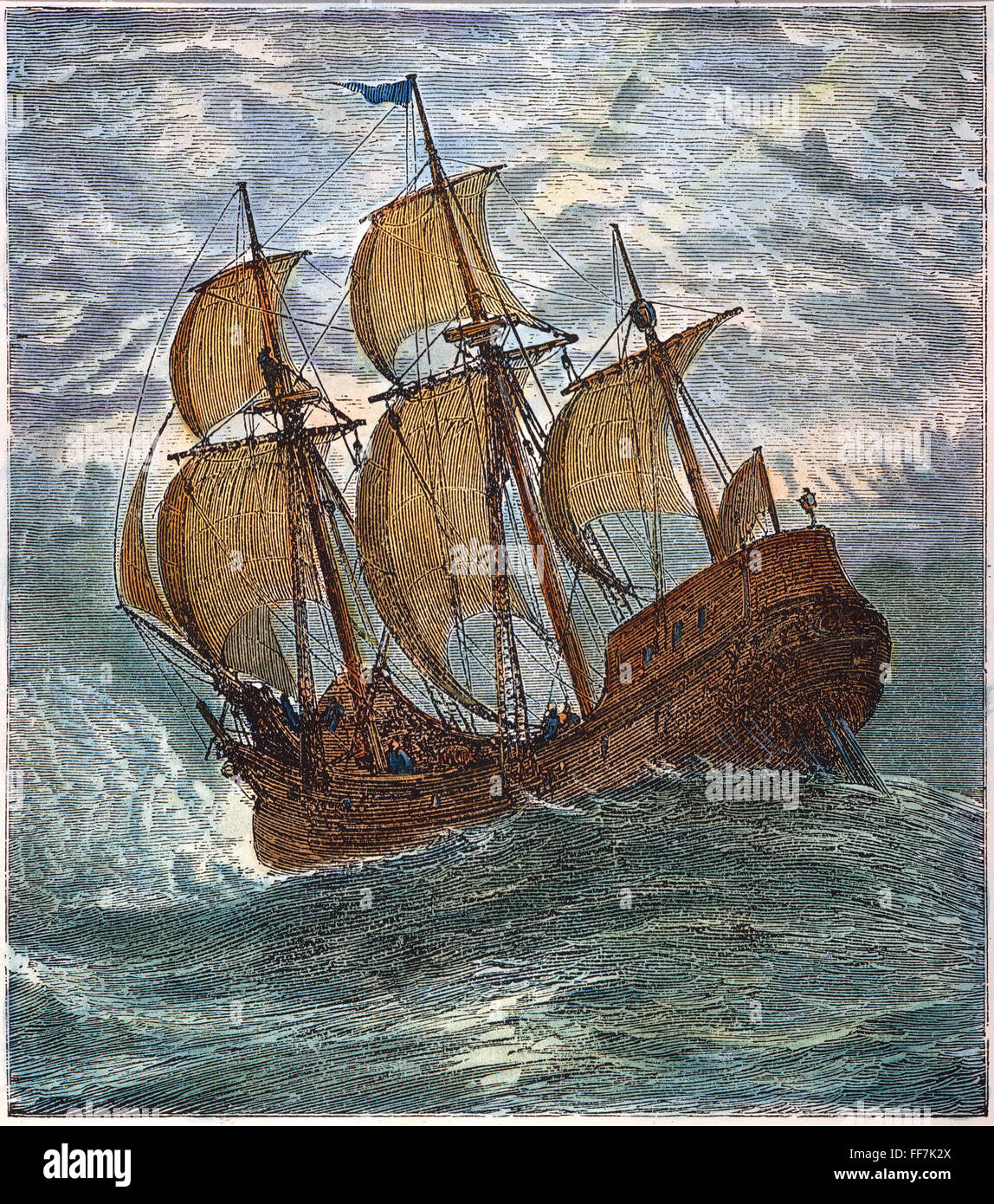 MAYFLOWER AT SEA, 1620. /nThe Mayflower at sea during the Pilgrims' voyage to America. Wood engraving, American, late 19th century. Stock Photo