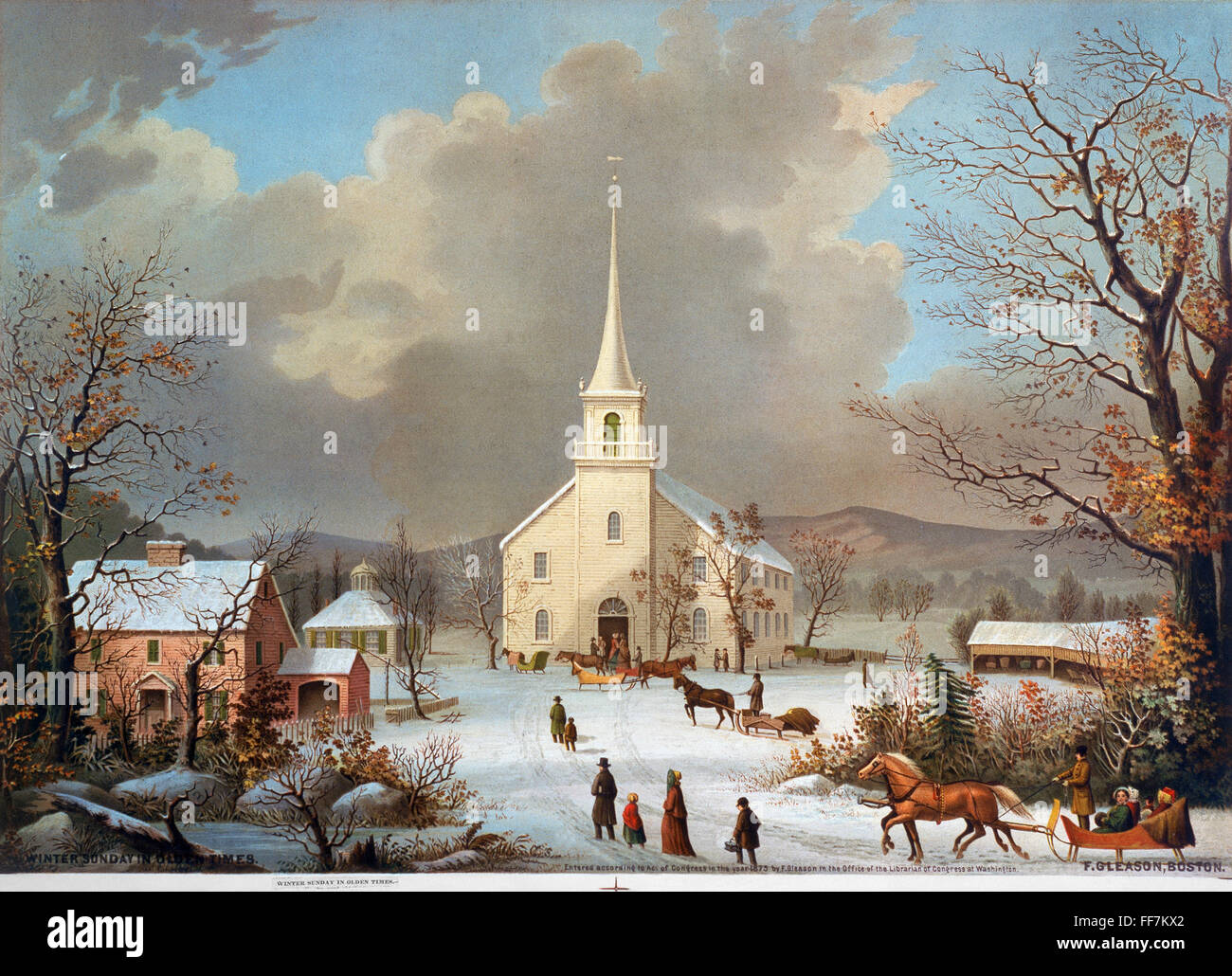 WINTER SCENE, c1875. /n'Winter Sunday in Olden Times.' American lithograph, c1875. Stock Photo