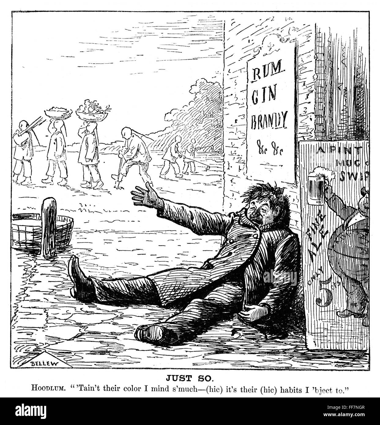 IMMIGRATION CARTOON, 1879. /n'Just So': American cartoon by Frank Bellew,  1879, ridiculing Irish contempt for Chinese immigrants by inviting contempt  for the Irish immigrants Stock Photo - Alamy