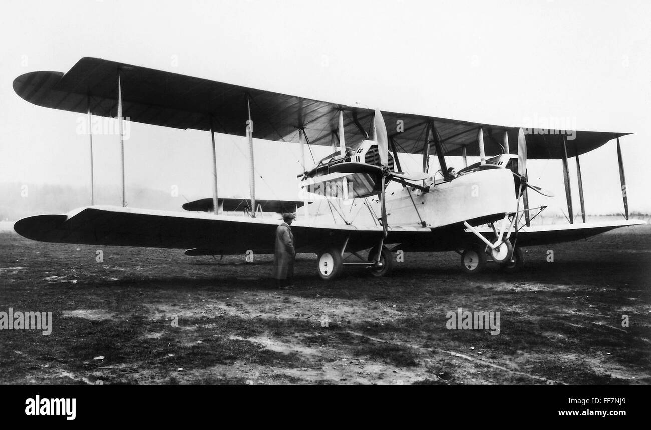 ALCOCK & BROWN, 1919. /nThe modified Vickers-Vimy biplane in which Captain John Alcock and Lieutenant Arthur Whitten Brown made the first nonstop transatlantic flight, Newfoundland to Ireland, 14-15 June 1919. The nosewheel shown here was removed for the Stock Photo