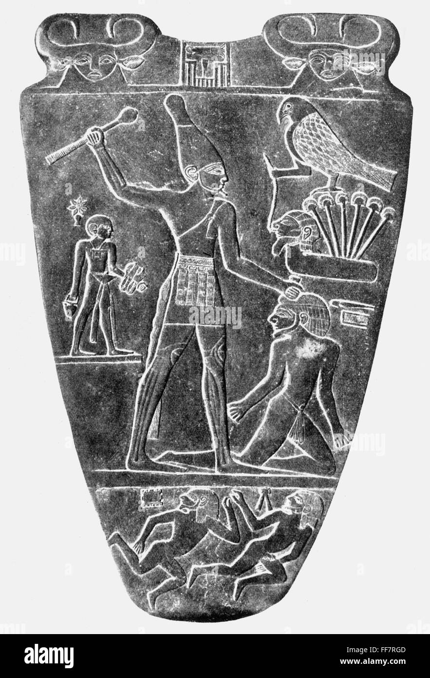 ANCIENT EGYPT: KING NARMER. /nFront of a schist tablet commemorating a victory of King Narmer. From Hierakonpolis, 1st Dynasty. Height: 25.25 inches. Stock Photo