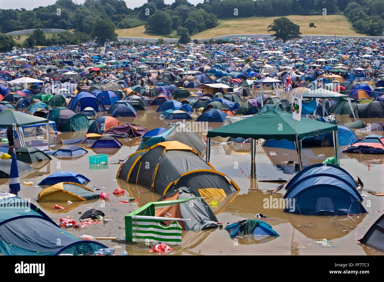A field of flooded tents at the very wet 2005 Glastonbury festival. Stock Photo