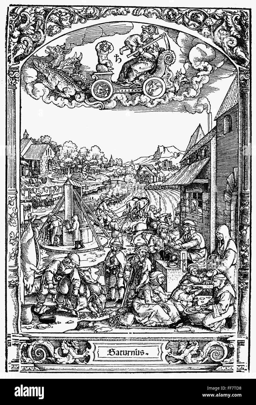 /nAllegoric representation of the Life of the Children of the planet Saturn. Woodcut, German, 16th century.