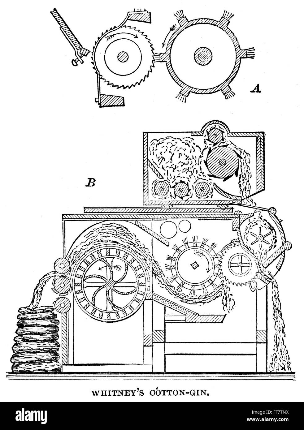 COTTON GIN. /nSchematic drawing of the mechanism of Eli Whitney's cotton gin. Stock Photo
