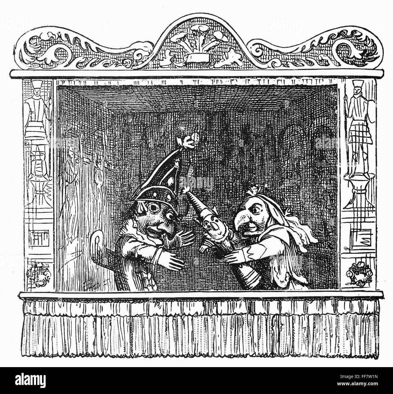 PUNCH AND JUDY. /nPunch, Judy and their child. Wood engraving, 19th