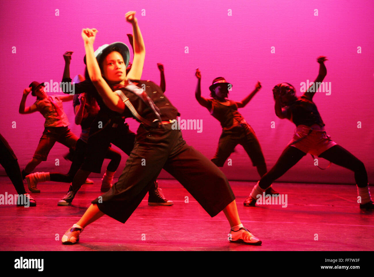 Youngsters from the East London Dance Youth Company on stage dancing at the Stratford Circus Theatre, London. Stock Photo