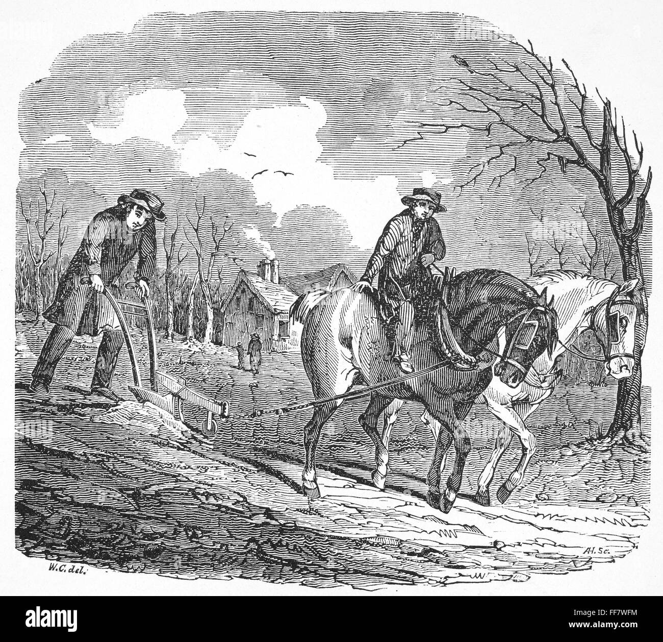 PLOUGHING, 19th CENTURY. /nWood engraving, mid19th century Stock Photo