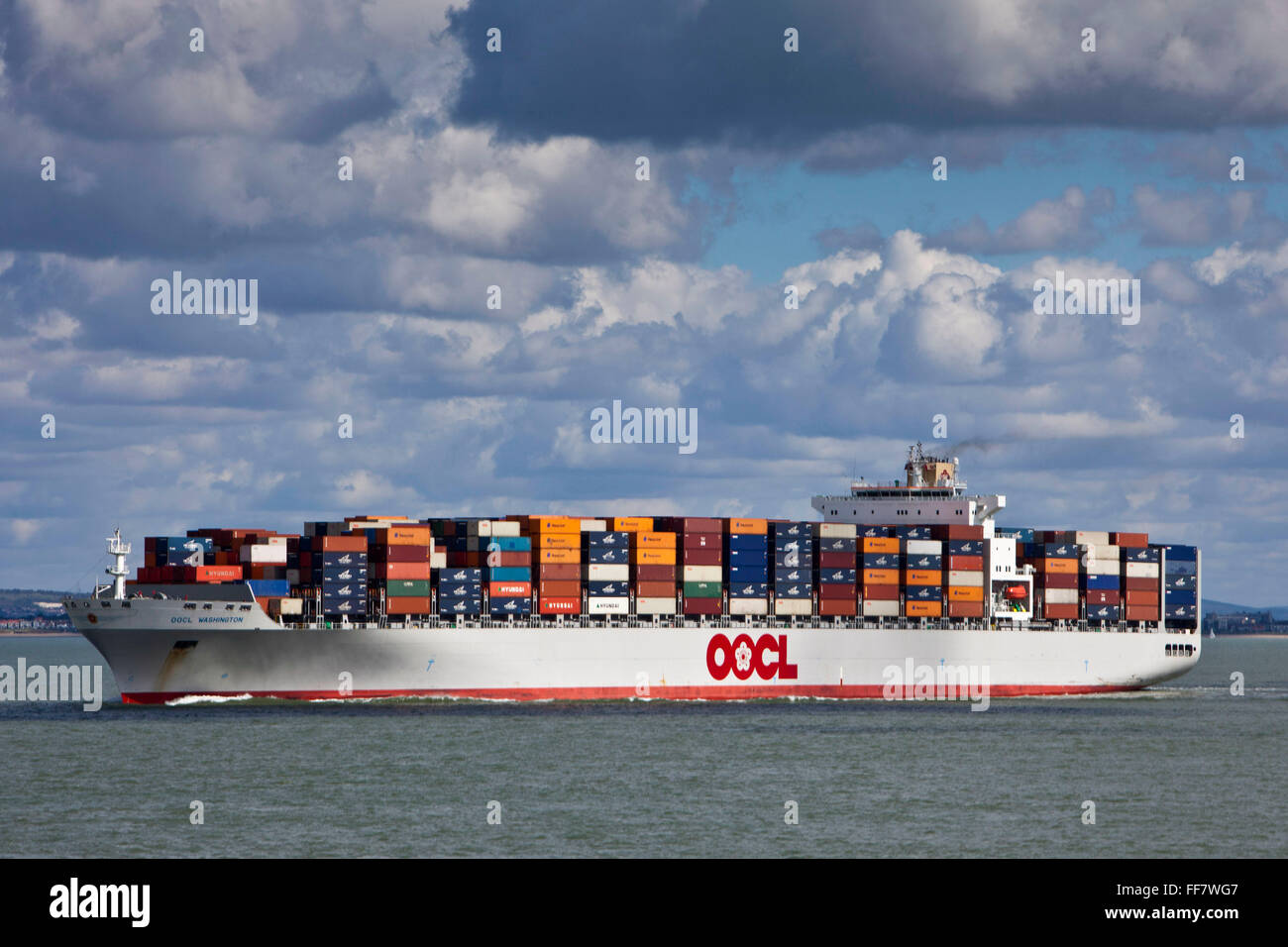 The OOCL Southampton container ship heading up to Solent to Southampton, UK. Stock Photo