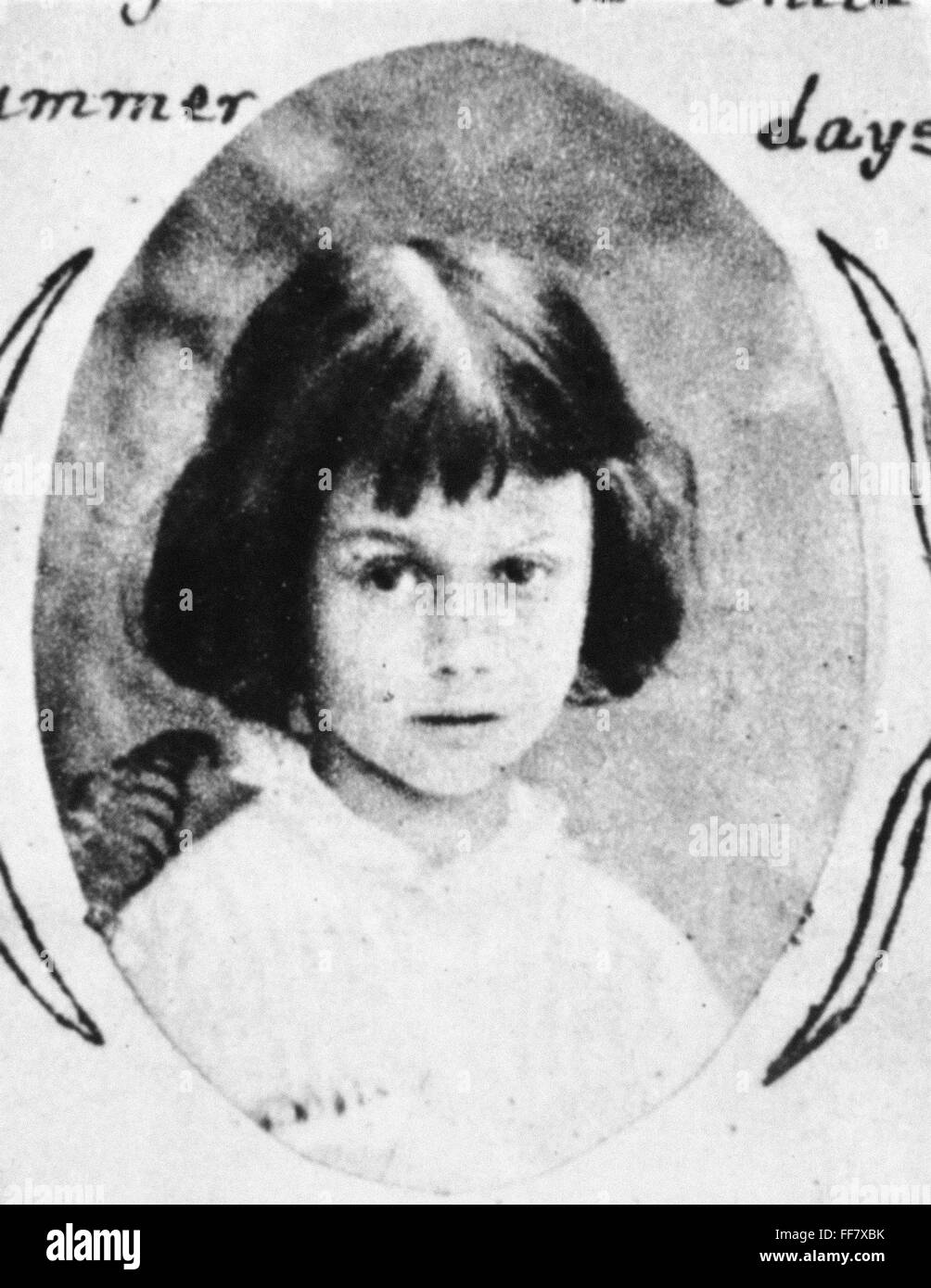 ALICE LIDDELL, 1859. /nThe photograph of Alice Liddell at age 7 taken by Lewis Carroll (Charles L. Dodgson) which he pasted at the end of his manuscript of 'Alice's Adventures Under Ground.' Stock Photo