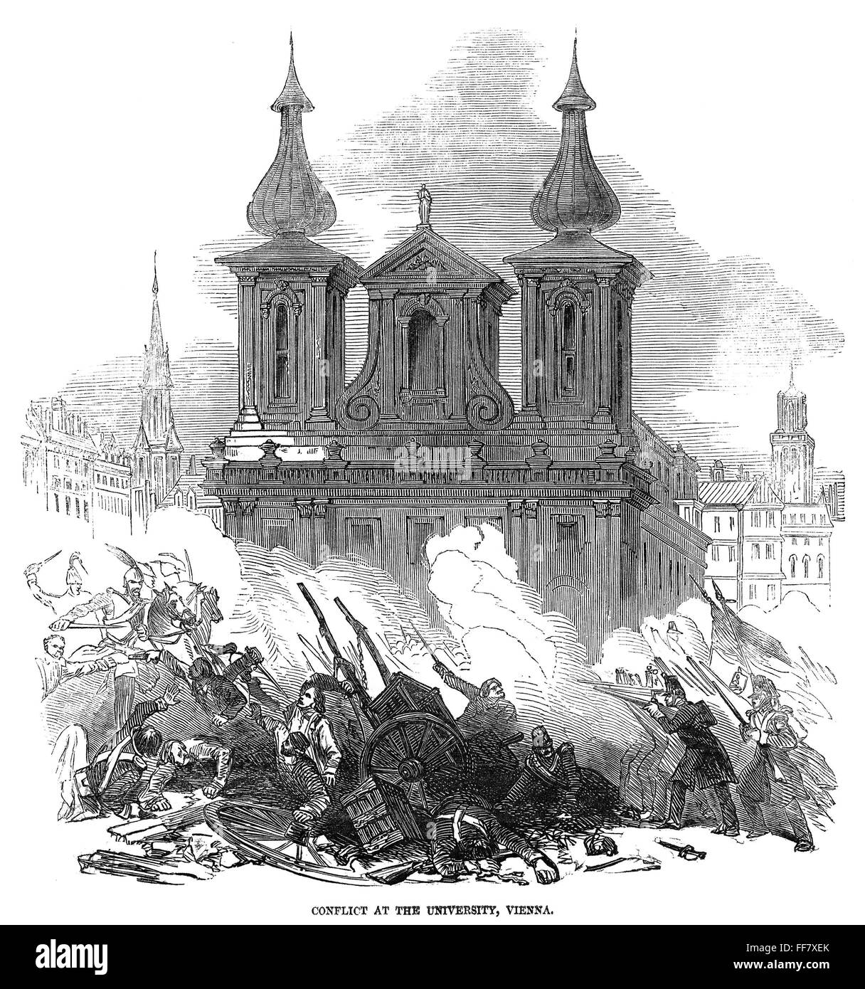 AUSTRIAN REVOLUTION, 1848. Conflict at the University of Vienna, Austria, during the Revolution of 1848. Wood engraving from a contemporary English newspaper. Stock Photo