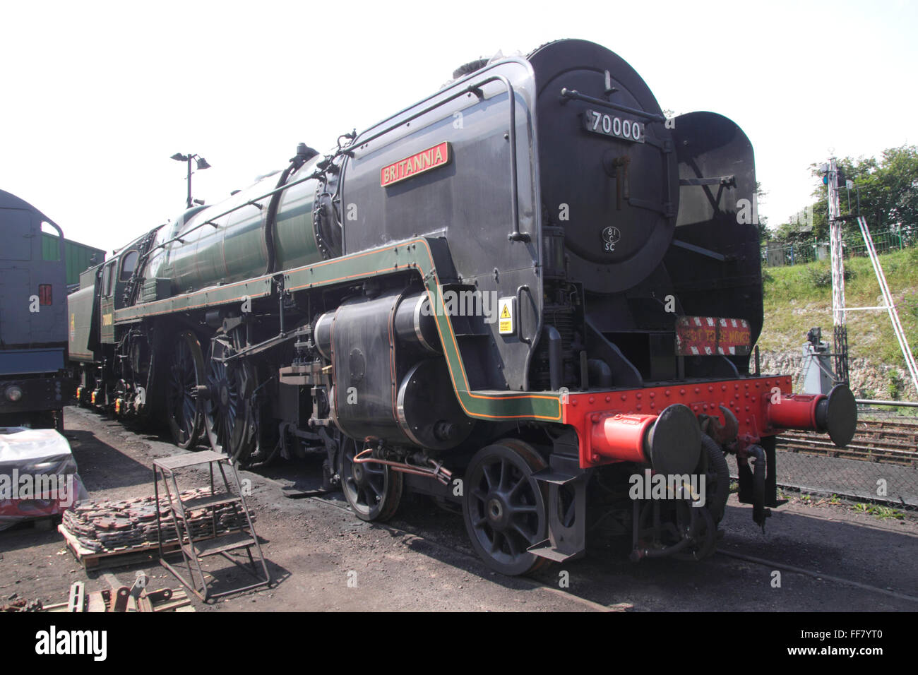 BR Standard 7P Pacific Steam Locomotive Britannia at Mid Hants preserved steam railway Stock Photo