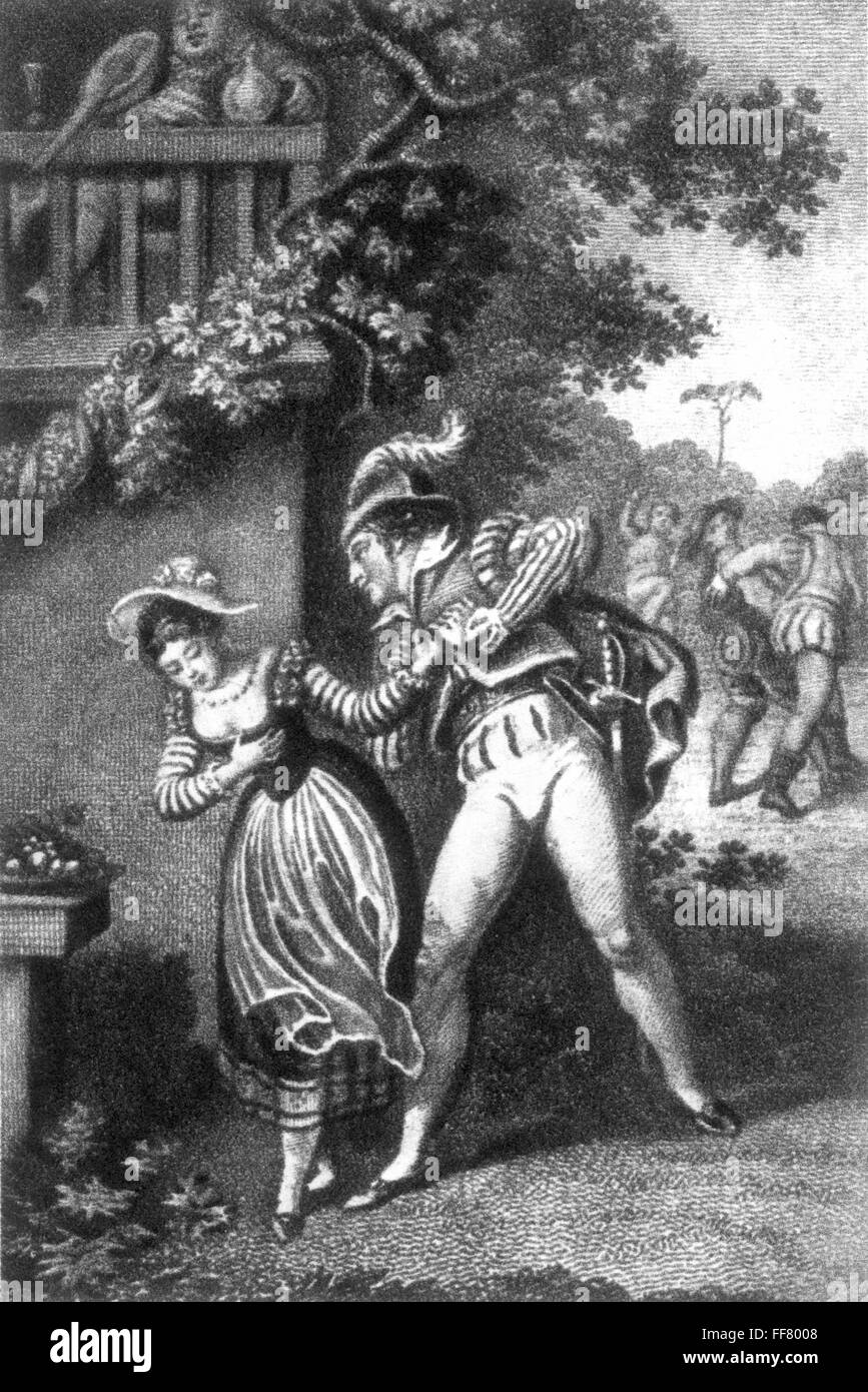 DON JUAN. /nOr Don Giovanni. Don Juan sets about the conquest of Zerlina, while Leporello leads away Mazetto, her fiancΘ: stipple engraving, 1825. Stock Photo