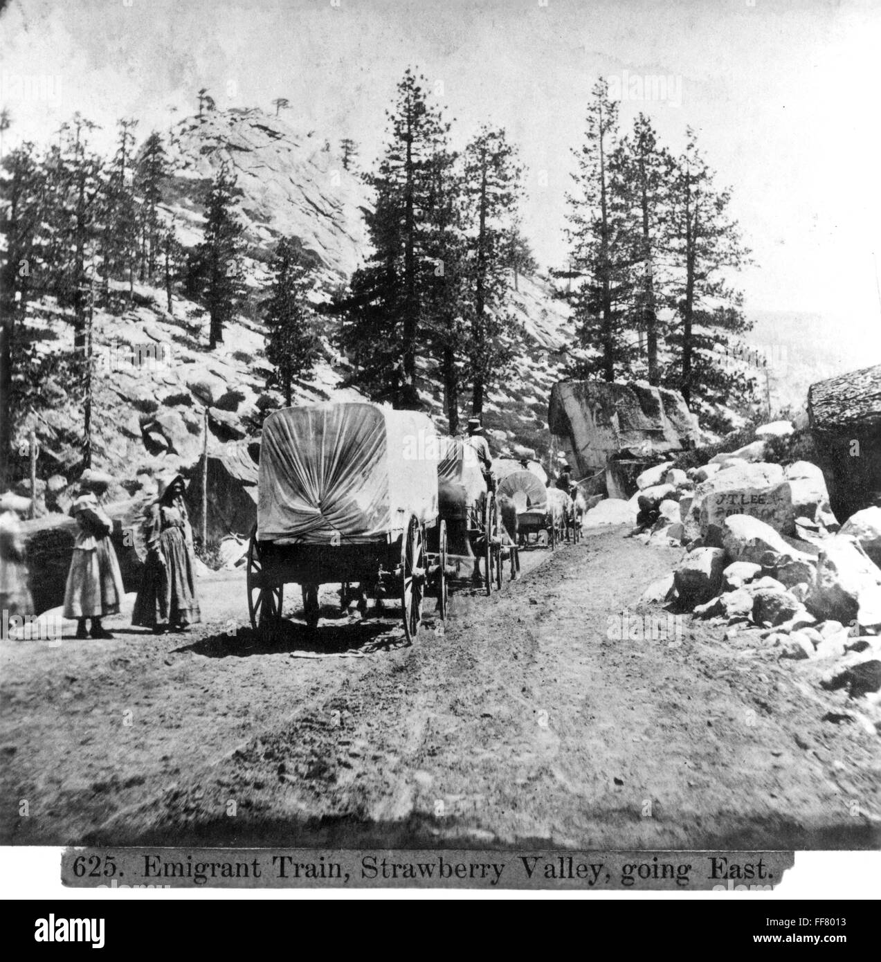 EMIGRANTS, 1866. /nAn emigrant train going east through the Strawberry Valley in the Sierra Nevada Mountains of California, 1866. Stock Photo