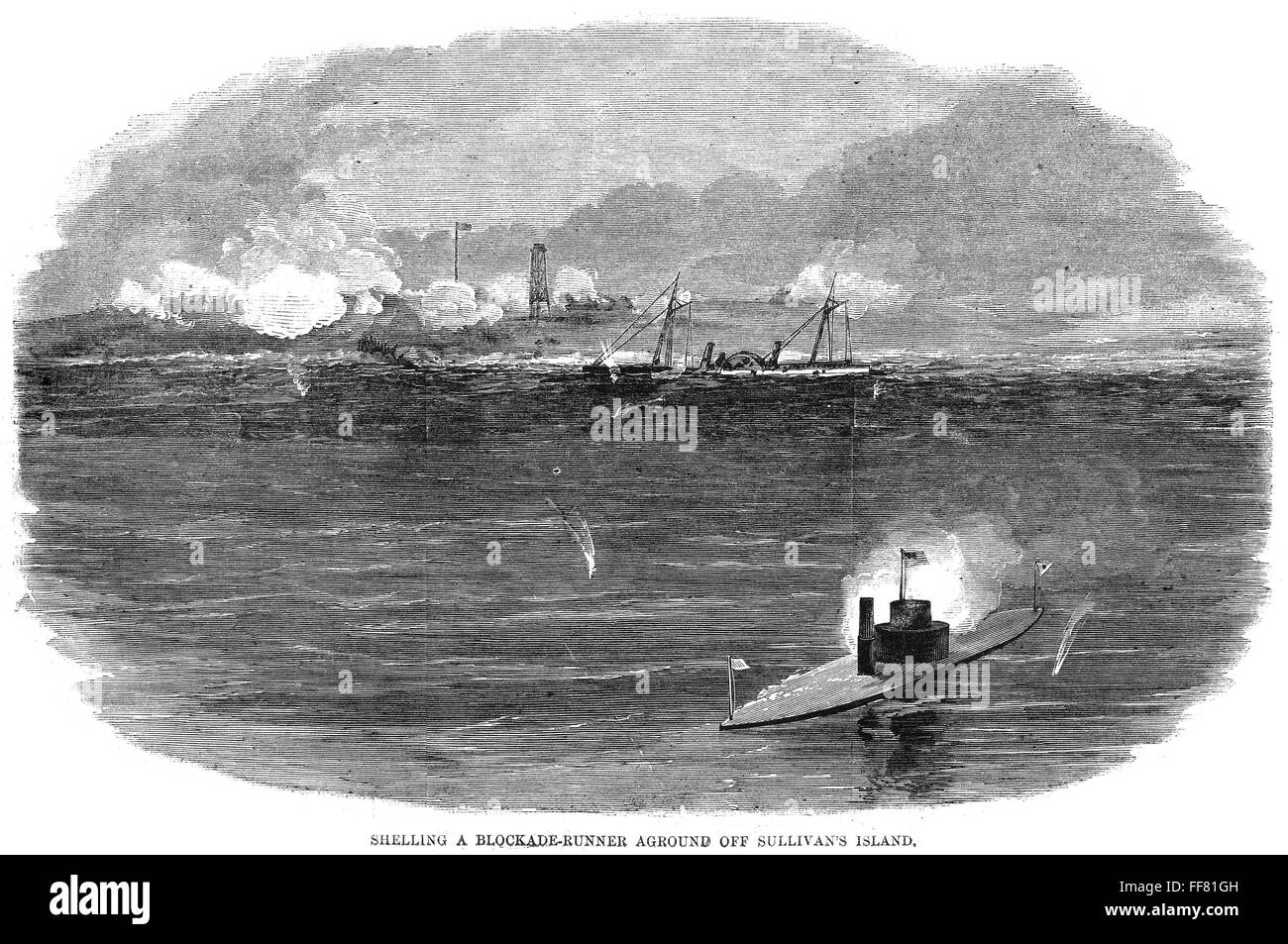 CIVIL WAR BLOCKADE, 1864. /nA Union monitor shelling a Confederate