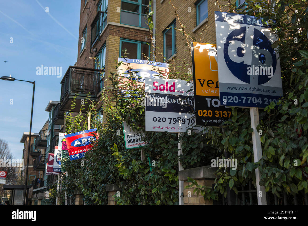 To Let and For Sale Signs outside a block of flats in Hackney, London