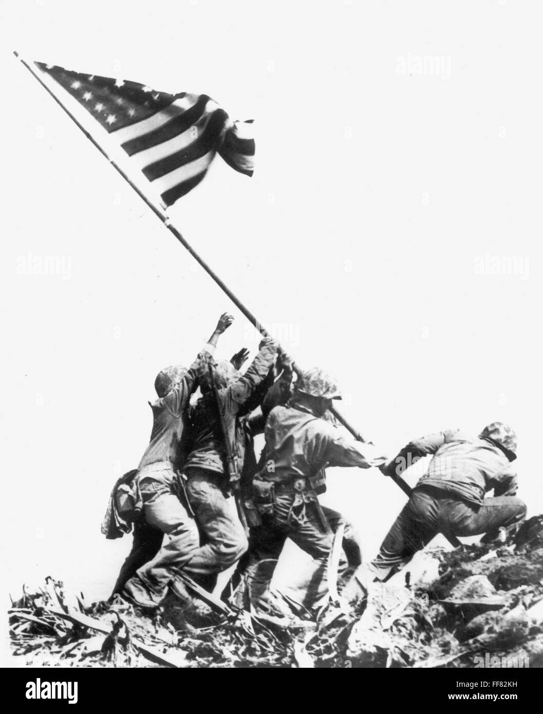 WORLD WAR II: IWO JIMA. /nUnited States Marines raising the flag over Mount Suribachi, Iwo Jima, 23 February 1945. Stock Photo