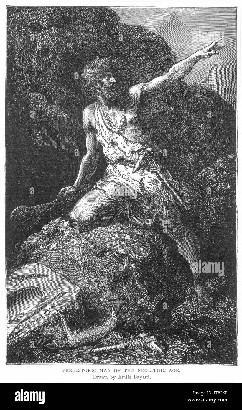 PREHISTORIC MAN. /nPrehistoric man of the Neolithic Age. Wood engraving, late 19th century, after a drawing by Emile Bayard. Stock Photo