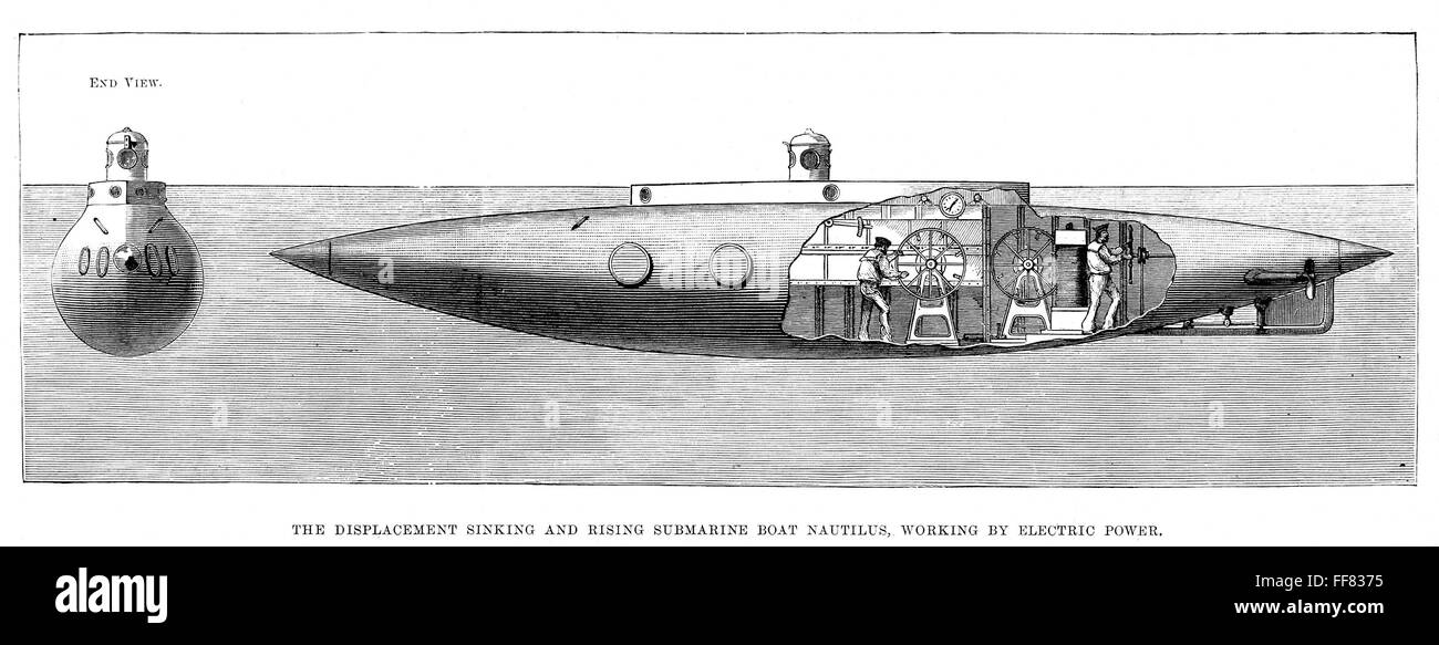 SUBMARINE: 'NAUTILUS.' /nThe displacement sinking and rising submarine boat 'Nautilus,' working by electric power. Wood engraving, English, 1867. Stock Photo