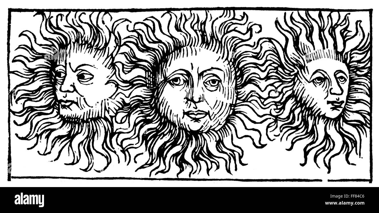 SUN FACES, DECORATIVE. /nWoodcut, German, 1493. Stock Photo