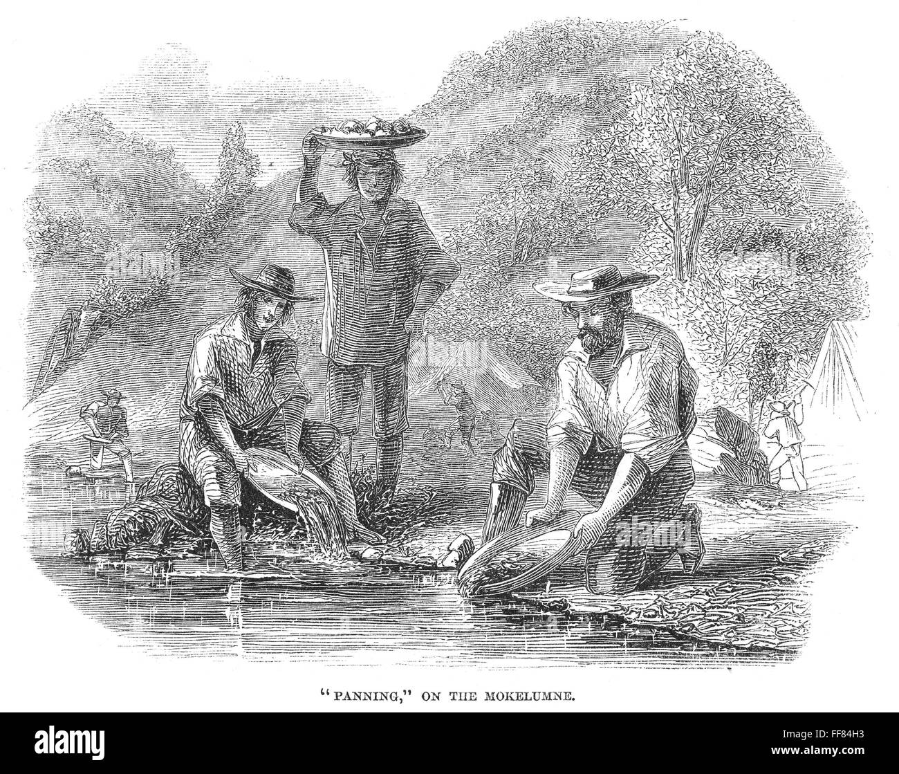 CALIFORNIA GOLD RUSH, 1860. /nPanning for gold on the Mokelumne River