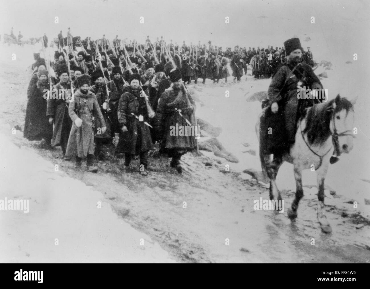 WORLD WAR I: RUSSIAN ARMY. /nRussian troops marching through the snow during World War I. Stock Photo