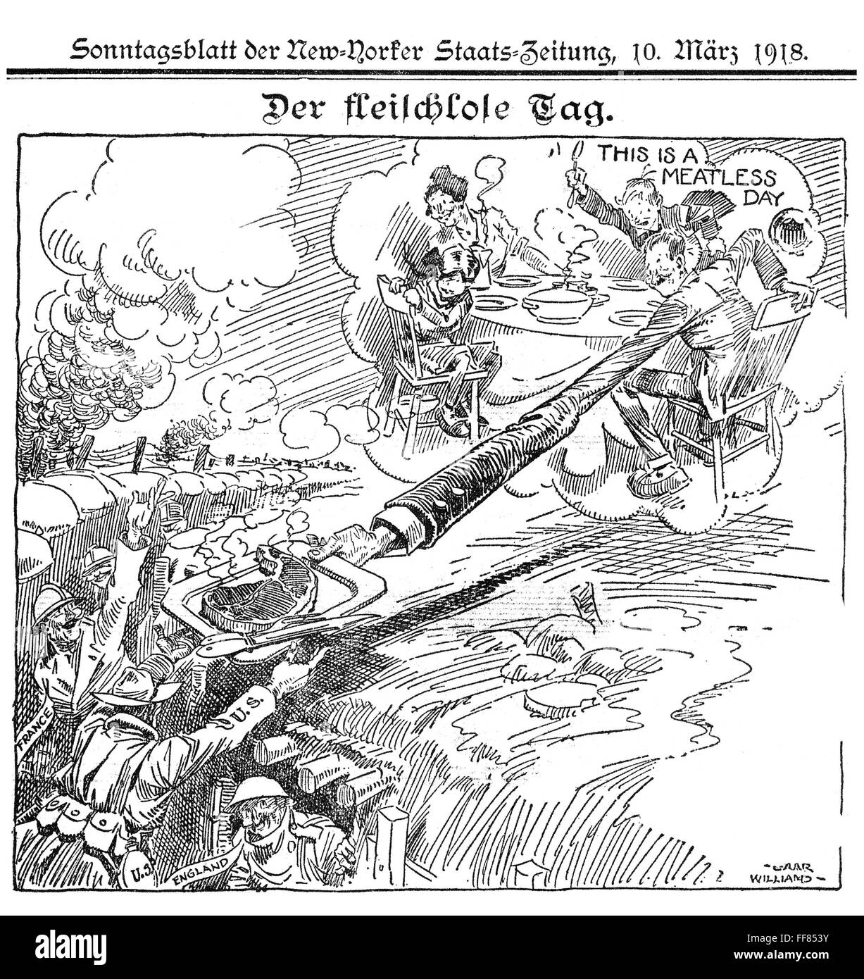 WORLD WAR I MEATLESS DAY. /nA cartoon from a Germanlanguage New York