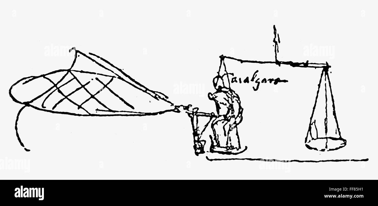 LEONARDO: ORNITHOPTER. /nWing-testing rig on scales, for an ornithopter wing. Drawing, c1485, by Leonardo da Vinci. Stock Photo