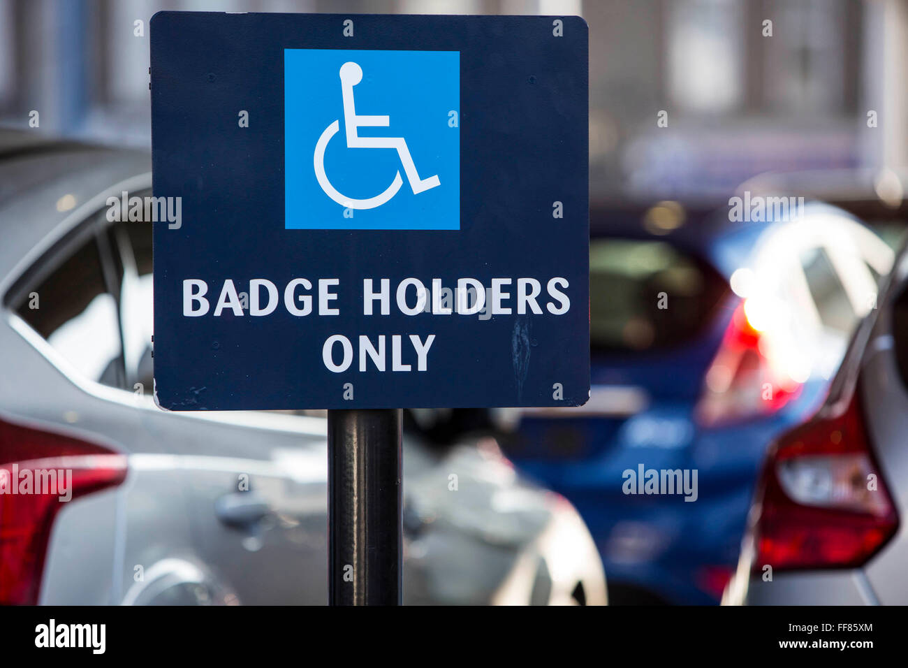Disabled badge holders signs  in the car park of a supermarket, Stoke Newington. London, UK. Stock Photo