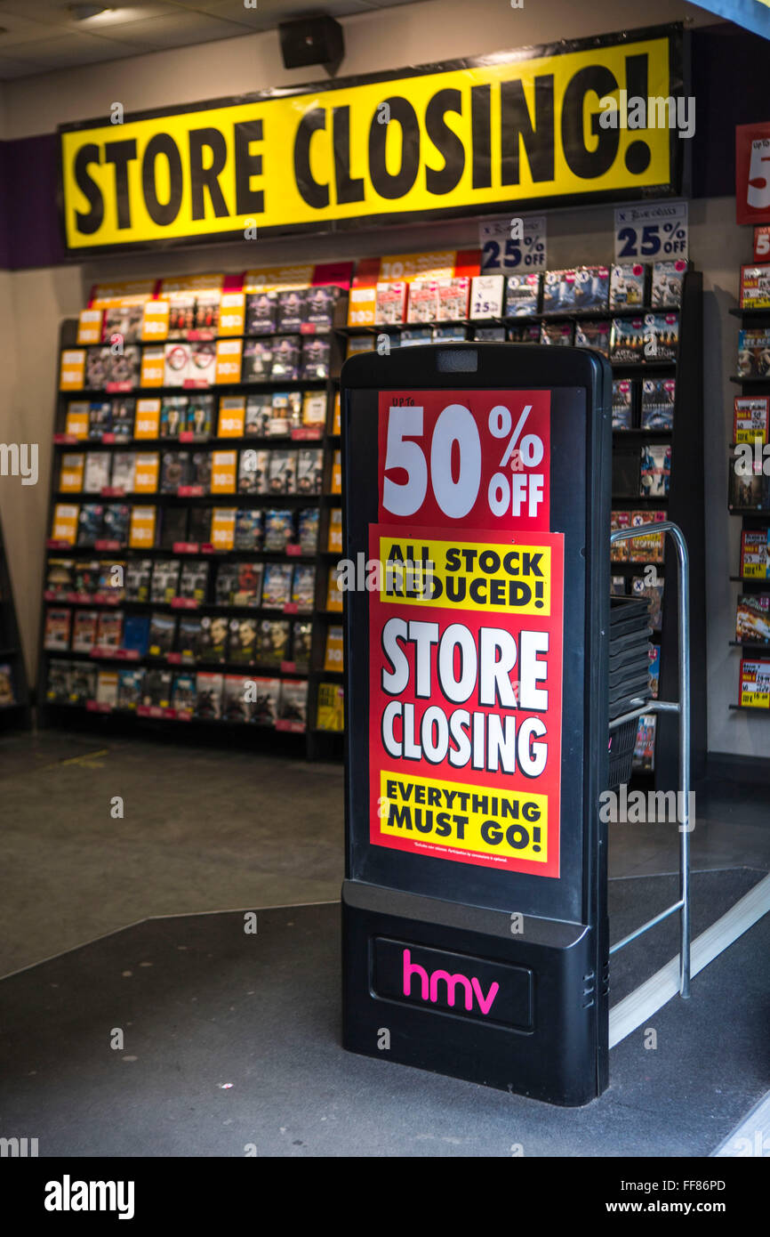 An HMV music retail store hosting a sale as the shop is closing down in Square Mile, central London, United Kingdom. Due to the economic crisis in Britain the British entertainment retailing company entered into administration in January 23013. Stock Photo
